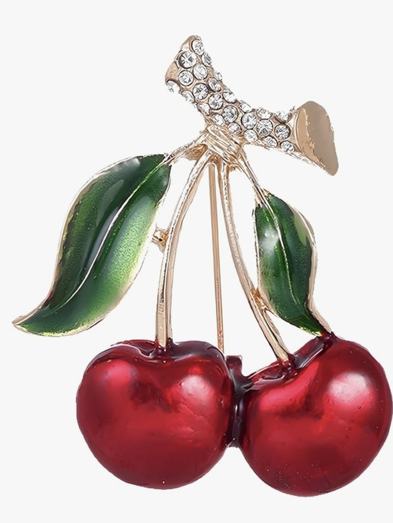 unmarked Jewelry - Red Cherry Brooch/Lapel Pin Enamel W/Rhinestones 1.5"